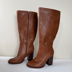 Unisa Lanna Cognac Brown Wide Calf Block Heel Tall Boots Women 8.5W Western Boho